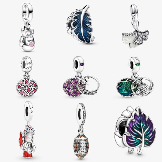 Pandora 2023 New 925 Sterling Silver Blue Curved Feather Charm Fit Pandora Bracelet Heart Type Pendant DIY Silver Jewelry