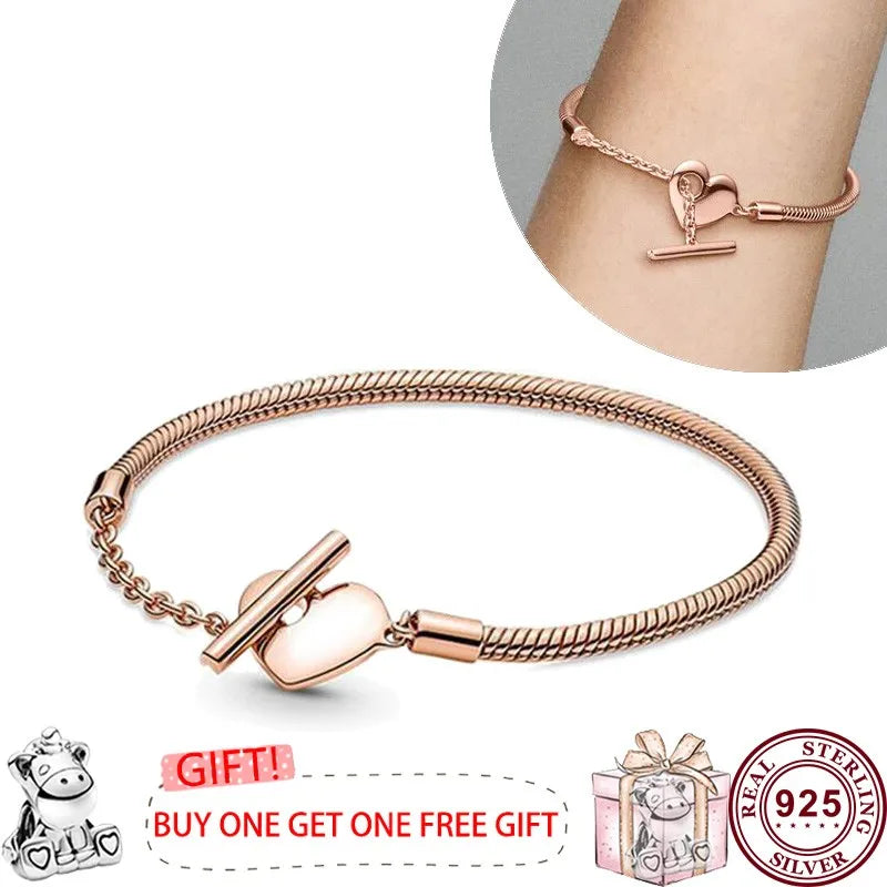 Pandora New Hot 925 Silver Signature Series Lucky Asymmetric Star Women's Original Love Heart T-Sign Bracelet Wedding DIY Charm Jewelry