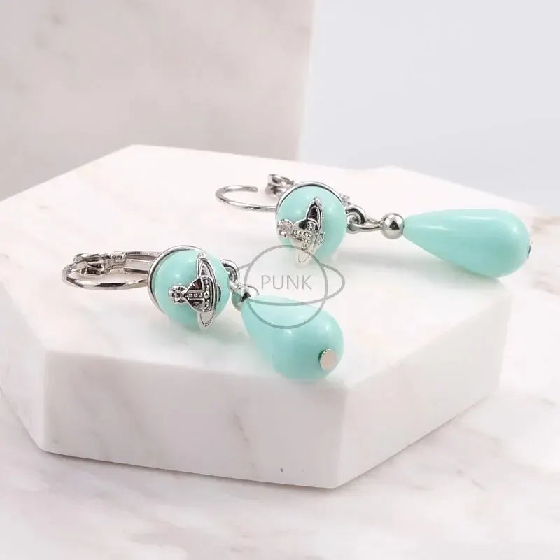 Vivienne Westwood Elegant versatile Vivienne Bluewhite Acrylic Pearl Telescope Earrings Pendants Westernstyle Fashionableclassicbeads