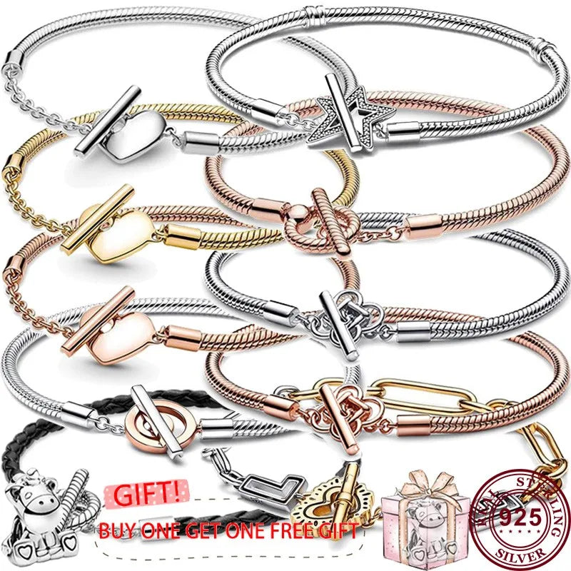 Pandora New Hot 925 Silver Signature Series Lucky Asymmetric Star Women's Original Love Heart T-Sign Bracelet Wedding DIY Charm Jewelry