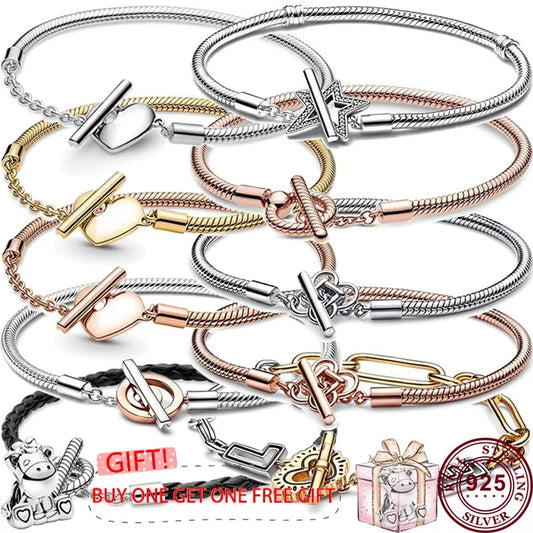 Pandora New Hot 925 Silver Signature Series Lucky Asymmetric Star Women's Original Love Heart T-Sign Bracelet Wedding DIY Charm Jewelry