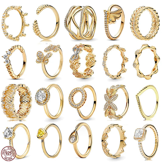 Pandora Gold series exquisite ring 925 sterling silver gingko leaf crown honeycomb lace butterfly water drop ring anniversary gift