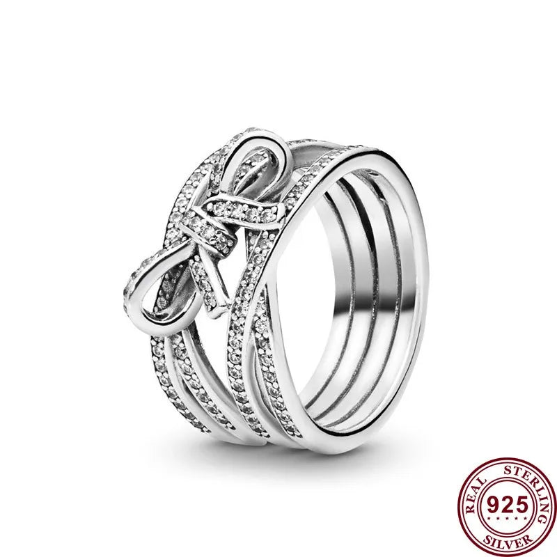Pandora Authentic 925 Sterling Silver Glittering Spiral Vintage Bow Women's Logo Princess Ring Wedding Anniversary DIY Charm Jewelry