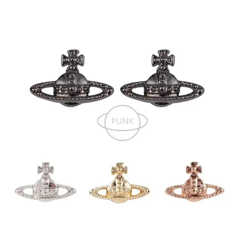 Vivienne Westwood Titanium Black Free Small Planet Stud Earrings Punk Nana Style For Ins Trendy Fashion Jewelry