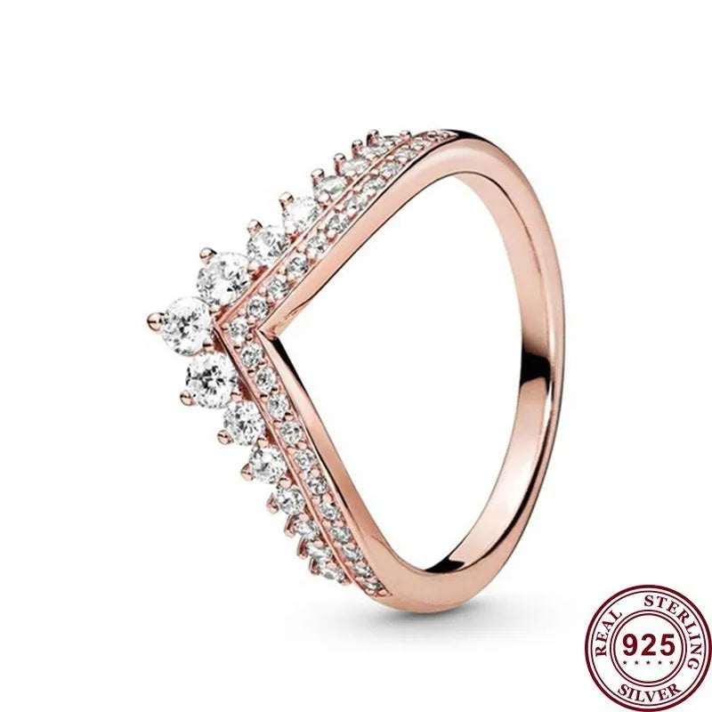 Pandora Hot 925 Sterling Silver Glittering Luxury Wishbone Women's Logo Crown Ring Wedding Gift High Quality DIY Fashion Charm Jewelry