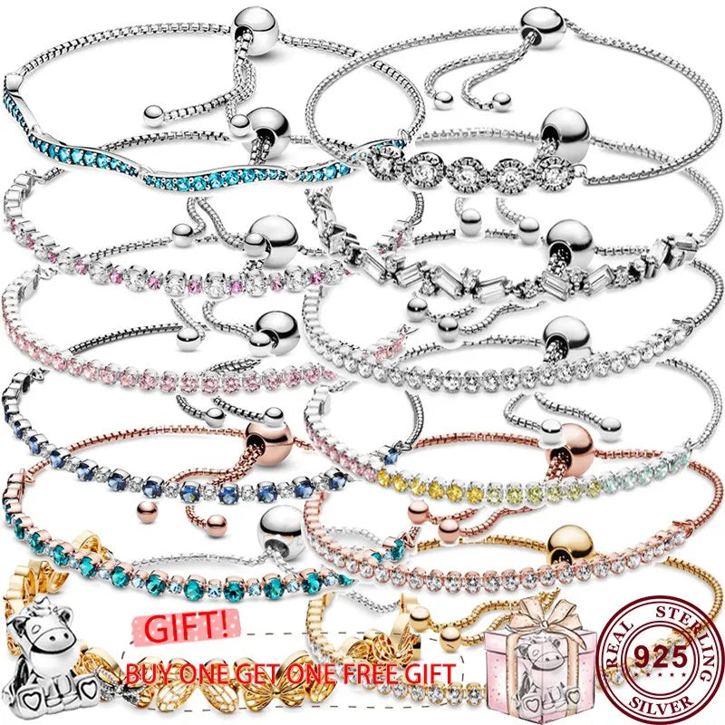 Pandora Hot selling 925 Sterling Silver Sparkling Butterfly Original Women's Sliding Tennis Bracelet DIY Fashion Wedding Charm Jewelry