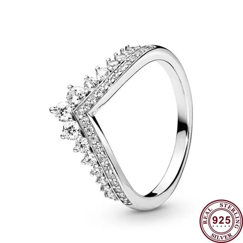 Pandora Hot 925 Sterling Silver Glittering Luxury Wishbone Women's Logo Crown Ring Wedding Gift High Quality DIY Fashion Charm Jewelry