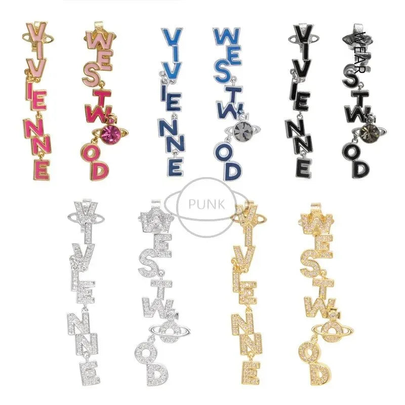 Vivienne Westwood  Full Drill Baked Paint Asymmetric Letter Hoop Earrings Nana Punk Alien Element Fashionable Jewelry For Women