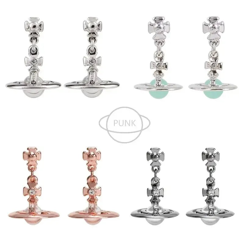 Vivienne Westwood Old Version 6mm Beads 3D Planet Earrings Small Delicate Hoop Earrings For Women Elegant Fashionable Jewelry