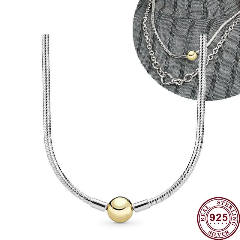 Pandora Hot Selling 925 Sterling Silver Classic Love Heart Snake Shaped Original Women's Logo Necklace For Fashionable DIY Charm Jewelry