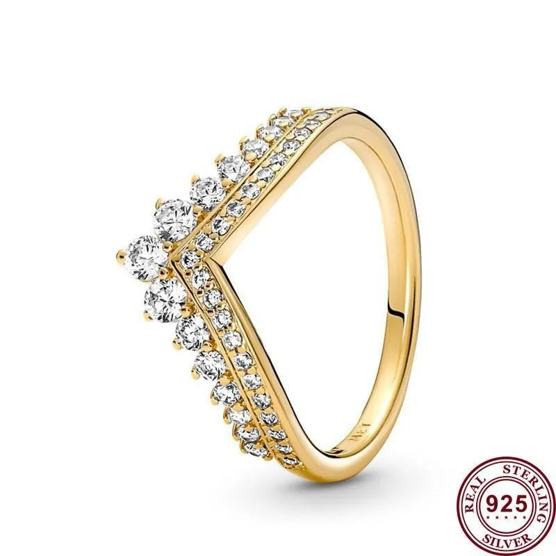 Pandora Hot 925 Sterling Silver Glittering Luxury Wishbone Women's Logo Crown Ring Wedding Gift High Quality DIY Fashion Charm Jewelry