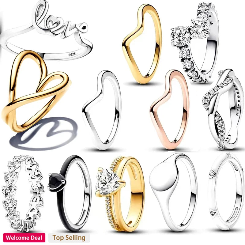 Pandora 2024 New 925 Sterling Silver Ladies Exquisite Crown Original Sparkling Love Heart Logo Ring Lover DIY Fashion Charm Jewelry