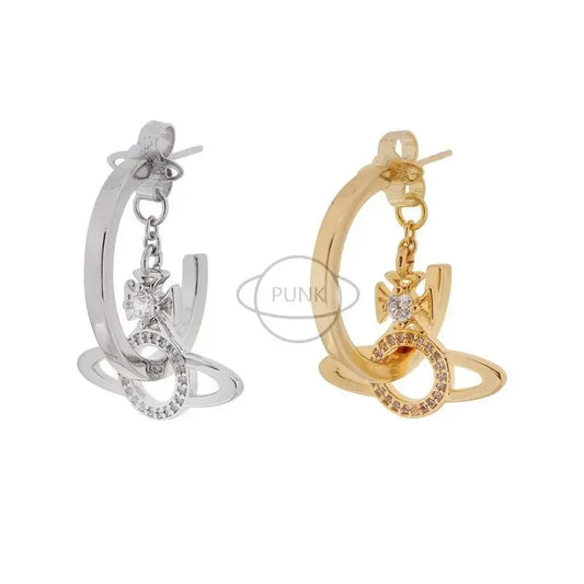 vivienne westwood saturn orb Starry Sky Lovers Western Space Poster Ring Sparkling Crystals High-end Feel Hoop Earrings Trendy Accessory