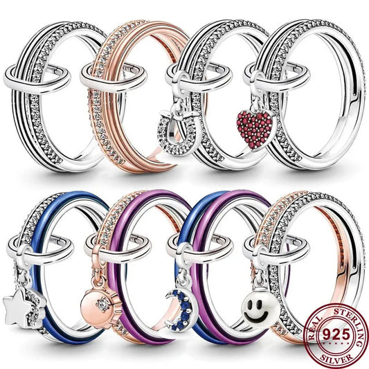 Pandora New Hot 925 Silver Lucky Bottle Cap Happy Smiling Face Peach Heart Women's Logo Combination Ring High Quality DIY Charm Jewelry