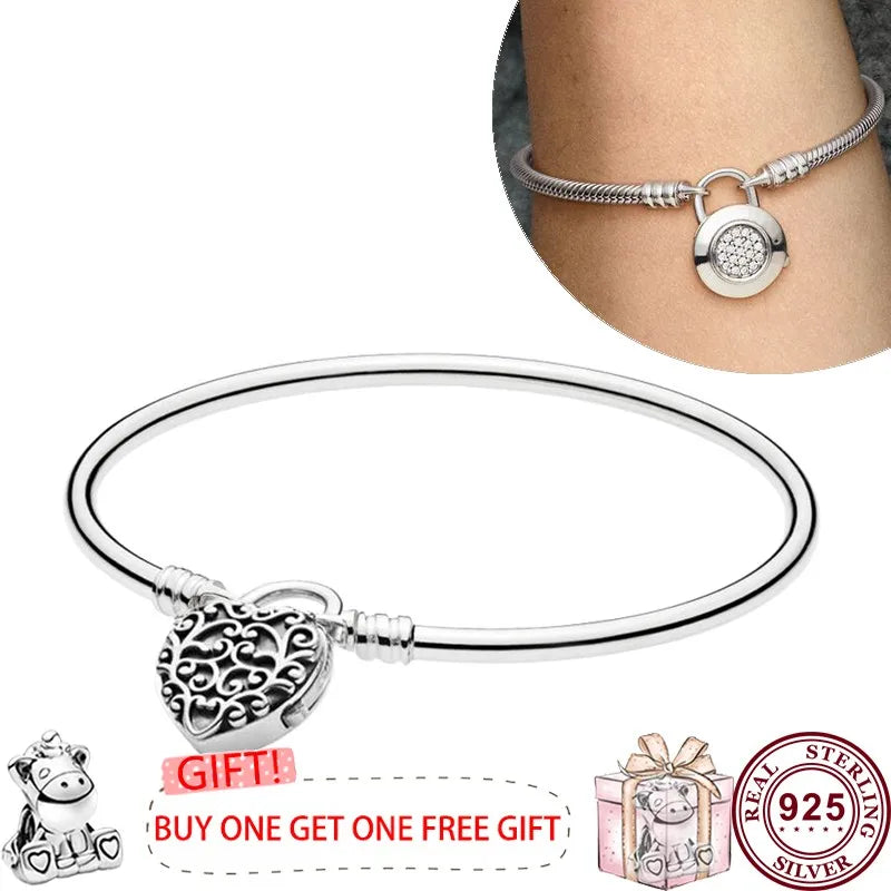 Pandora Hot Selling 925 Sterling Silver Shining Love Heart Oath Original Women's Logo Padlock Bracelet Engagement DIY Charm Jewelry