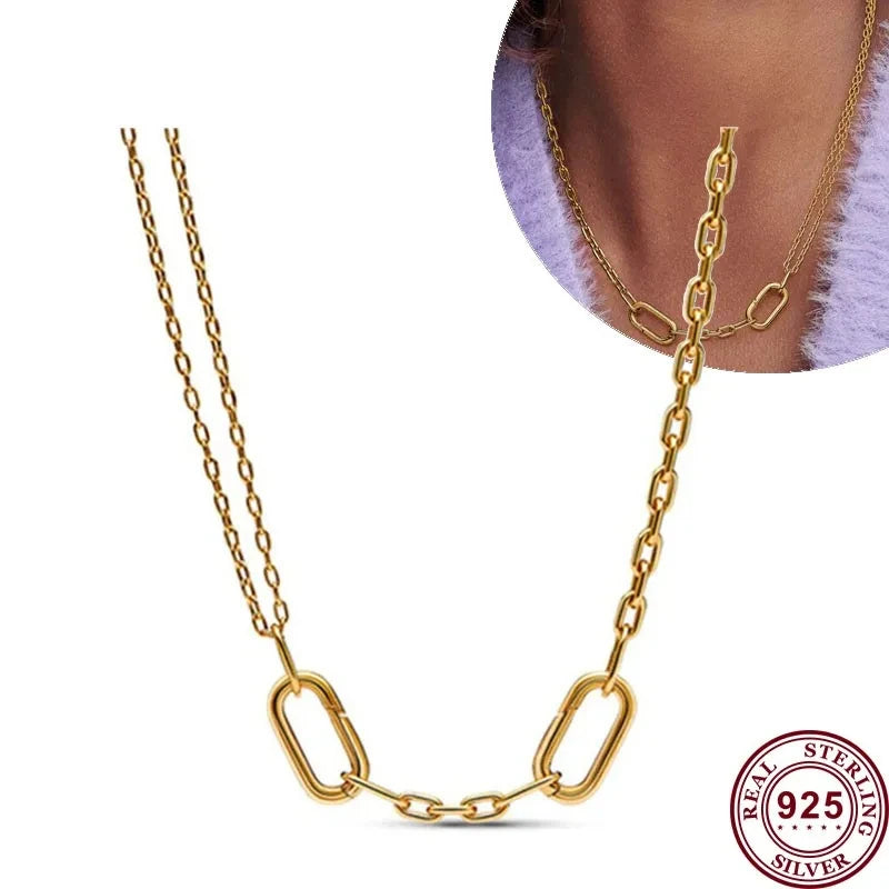 Pandora New 925 Silver Women's ME Gold Pearl Double Chain Creative Circle Pendant Necklace Women's Holiday High Quality Gift