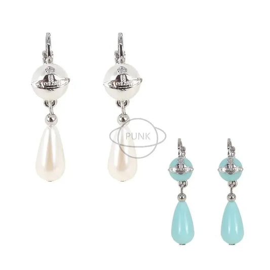 Vivienne Westwood Elegant versatile Vivienne Bluewhite Acrylic Pearl Telescope Earrings Pendants Westernstyle Fashionableclassicbeads
