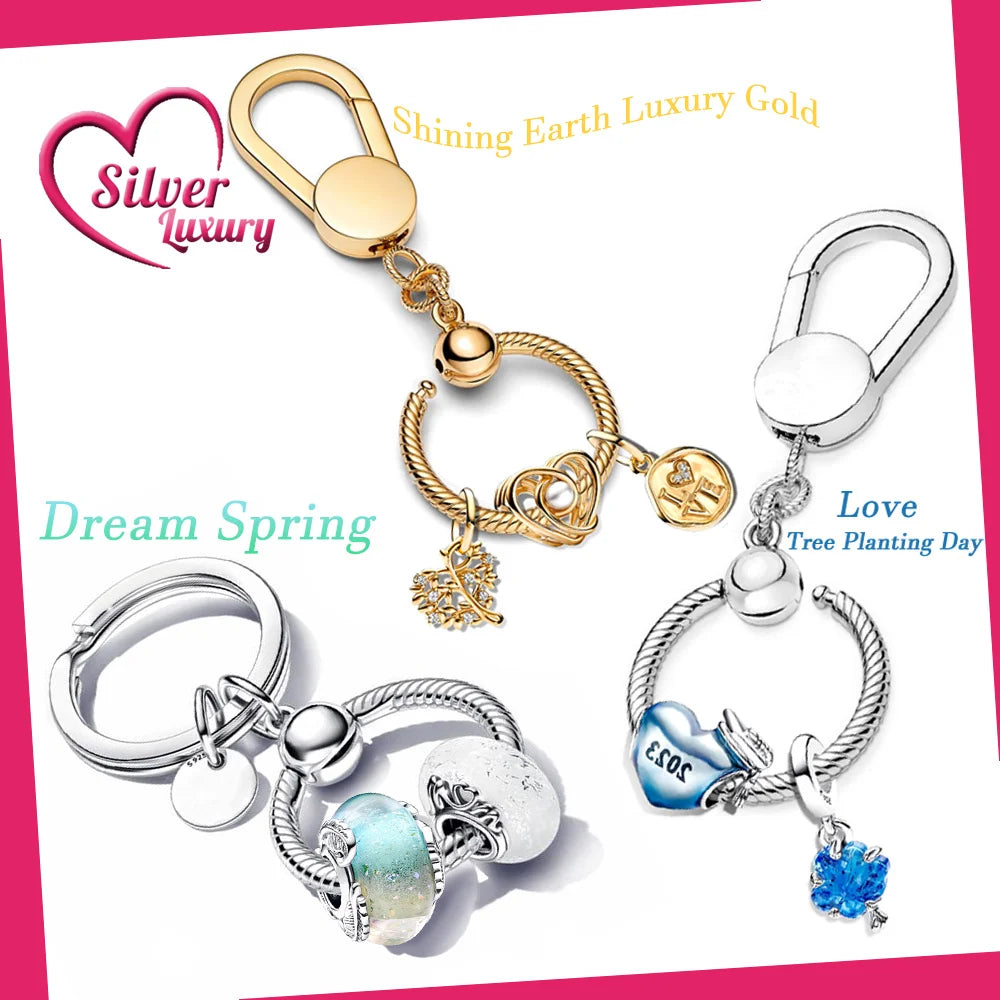 Pandora New 925 Sterling Silver Padlock Key Ring Chain Dangle Charms Fit Original 925 Bracelet Charm For Women Jewelry Keychain