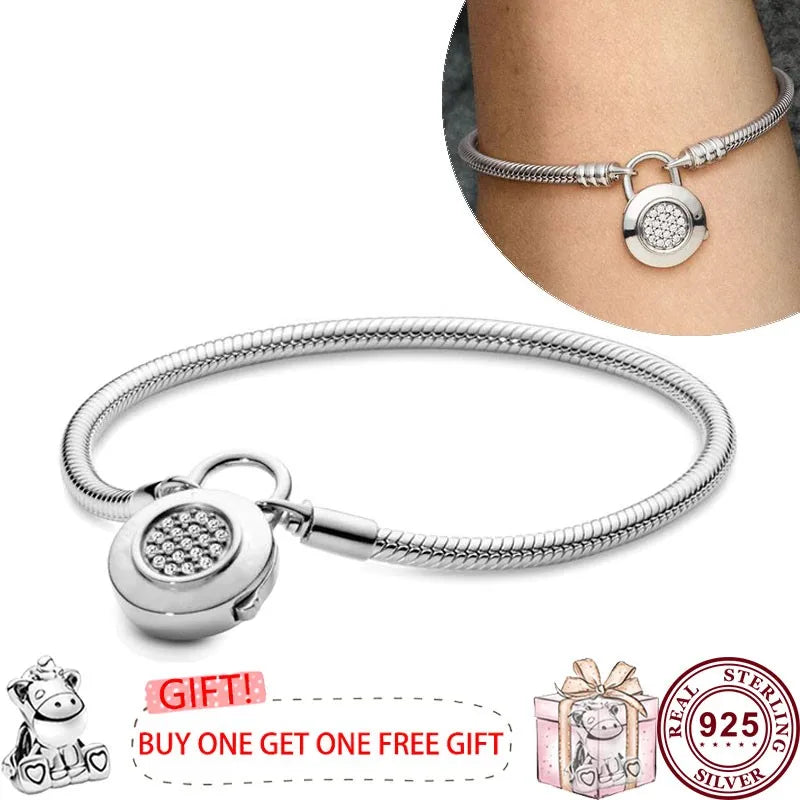 Pandora Hot Selling 925 Sterling Silver Shining Love Heart Oath Original Women's Logo Padlock Bracelet Engagement DIY Charm Jewelry