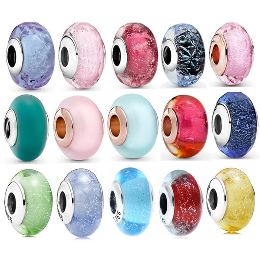 Pandora NEW 925 Sterling Silver Pink Purple Dark Blue & Star Murano Glass Charms Beads Fit Original Pandora Bracelet Bangle DIY Jewelry