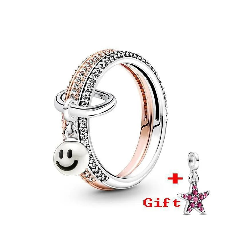 Pandora New Hot 925 Silver Lucky Bottle Cap Happy Smiling Face Peach Heart Women's Logo Combination Ring High Quality DIY Charm Jewelry
