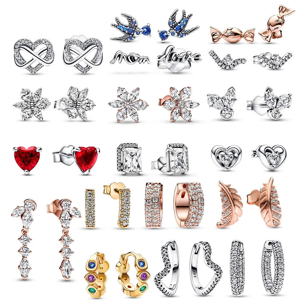 Pandora 925 Sterling Silver Stud Earrings Infinity Mothers Day Gift Heart Love Sparkling Timeless Herbarium Cluster Charm Women Jewelry