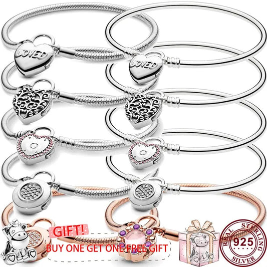 Pandora Hot Selling 925 Sterling Silver Shining Love Heart Oath Original Women's Logo Padlock Bracelet Engagement DIY Charm Jewelry