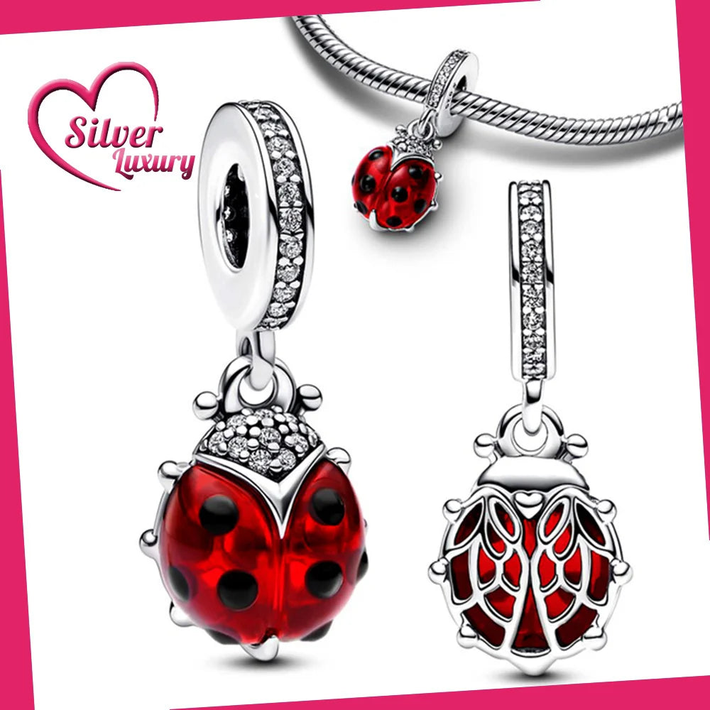 Pandora Red Ladybird Murano Glass 925 Silver Dangle Charm Fit Pandora Original Bracelet Women Pendant Jewelry Gift