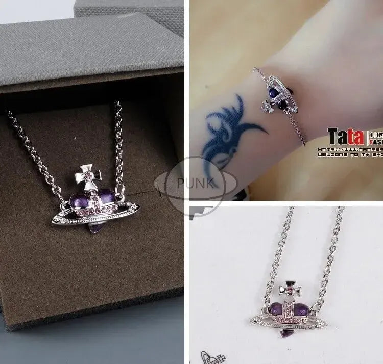 Vivienne Westwood Wine Red Heart Bracelet Nana Punk European American Style Rhinestone Embellished Tin Star Hand Jewelry