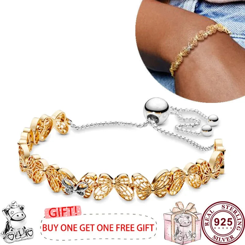 Pandora Hot selling 925 Sterling Silver Sparkling Butterfly Original Women's Sliding Tennis Bracelet DIY Fashion Wedding Charm Jewelry