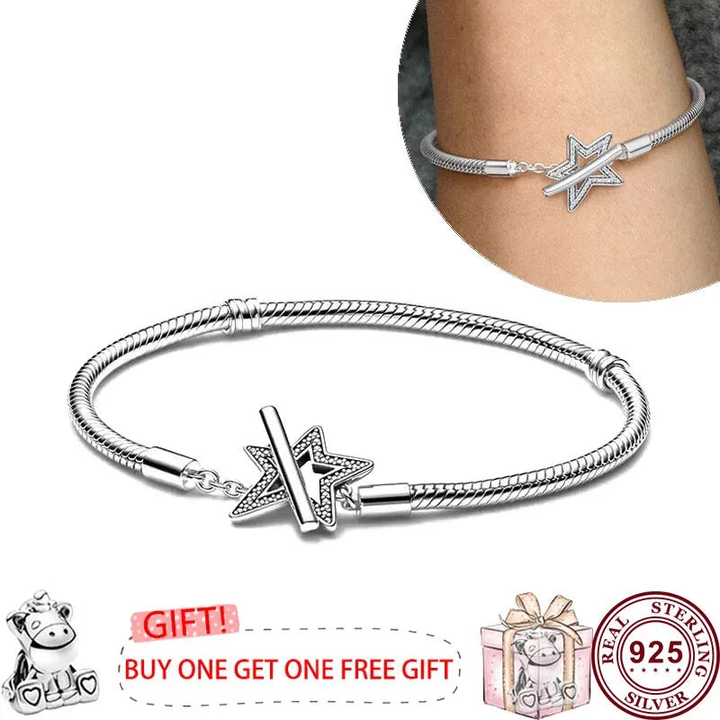 Pandora New Hot 925 Silver Signature Series Lucky Asymmetric Star Women's Original Love Heart T-Sign Bracelet Wedding DIY Charm Jewelry