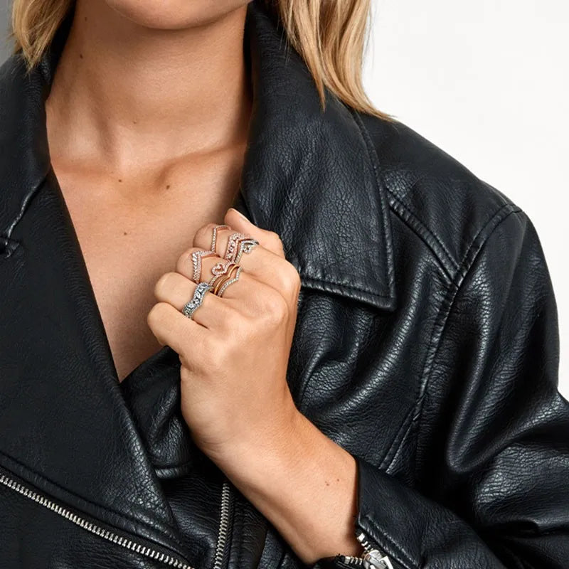 Pandora Hot 925 Sterling Silver Glittering Luxury Wishbone Women's Logo Crown Ring Wedding Gift High Quality DIY Fashion Charm Jewelry