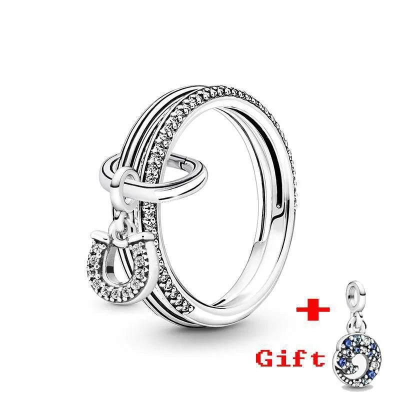 Pandora New Hot 925 Silver Lucky Bottle Cap Happy Smiling Face Peach Heart Women's Logo Combination Ring High Quality DIY Charm Jewelry