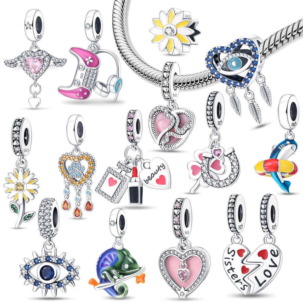 Pandora New 925 Sterling Silver Padlock Key Ring Chain Dangle Charms Fit Original 925 Bracelet Charm For Women Jewelry Keychain