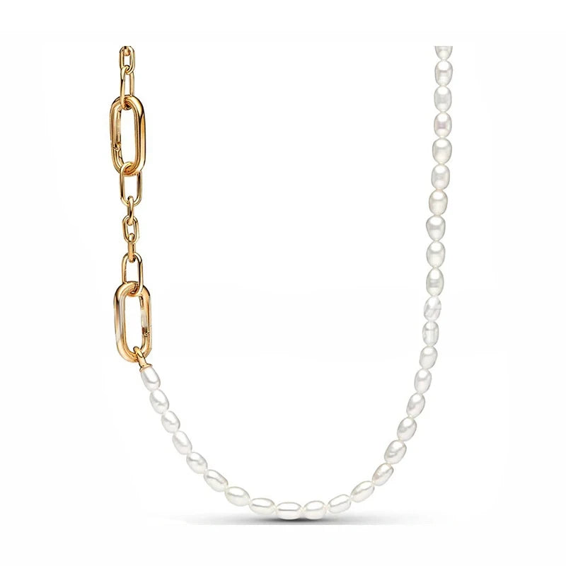 Pandora New 925 Silver Women's ME Gold Pearl Double Chain Creative Circle Pendant Necklace Women's Holiday High Quality Gift
