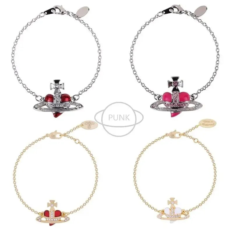 Vivienne Westwood Wine Red Heart Bracelet Nana Punk European American Style Rhinestone Embellished Tin Star Hand Jewelry