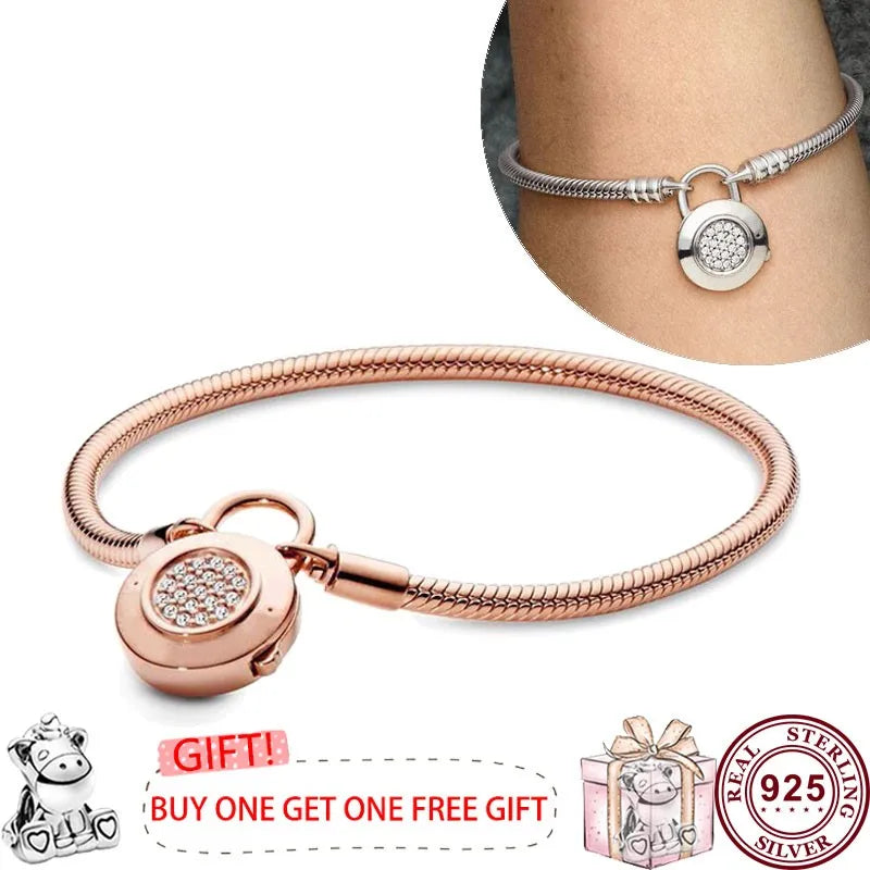 Pandora Hot Selling 925 Sterling Silver Shining Love Heart Oath Original Women's Logo Padlock Bracelet Engagement DIY Charm Jewelry