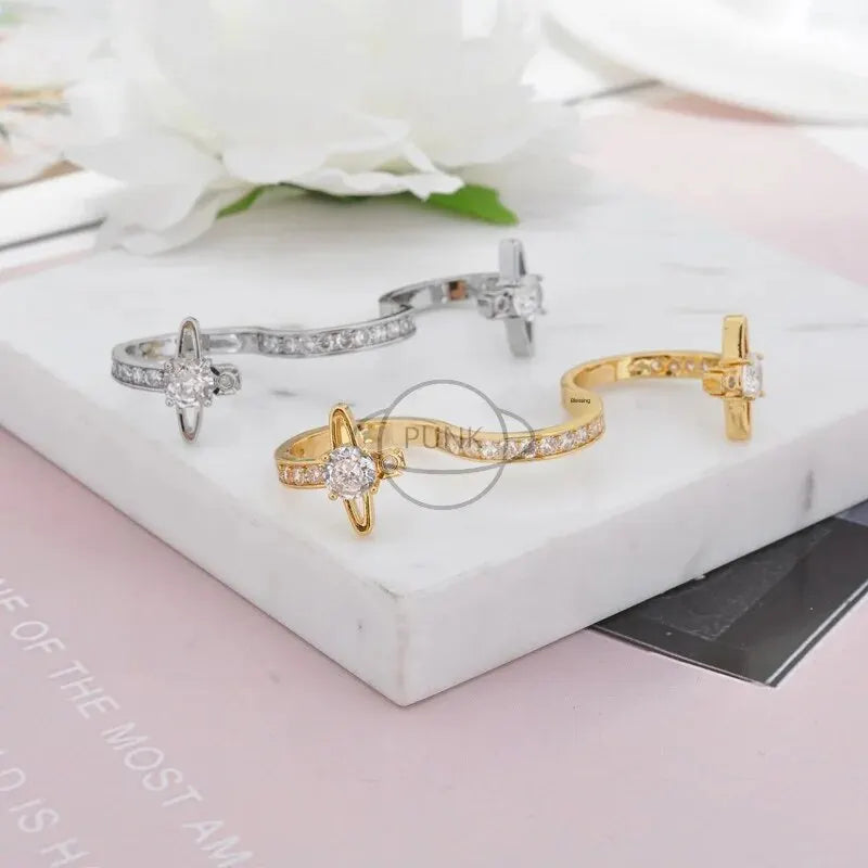 Vivienne Double Zircon S-shaped Ring Punk Style Unique Celebrity High-end Feel West Taylor After White Ring